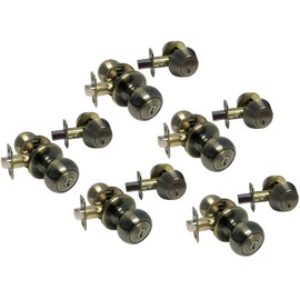 Antique Brass Entry Entrance Round Knob with Matching Double Cylinder (keyed on Both Sides) Deadbolt Pack Keyed Alike 5765AB (5 Set)