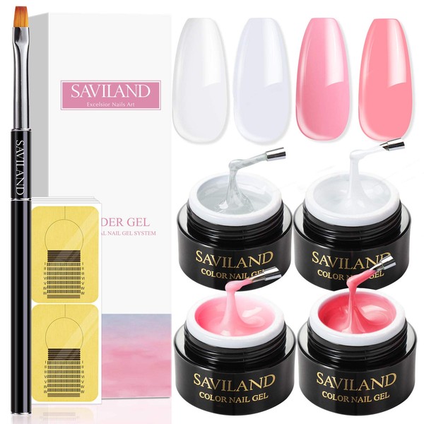 Saviland Builder nail Gel For Nails Kit - 4 colors Gel Builder For Nails Kit Nail Strengthen Clear Pink White Nudes Pink Hard Gel Nail Art Manicure Set with Nail Forms Nail Brush for Beginners