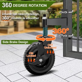 8inch Fence Gate Wheels with Brake - Heavy Duty Gate Wheels for Metal Tube Gate Wooden Fence Gate, 600lb Capacity 360 Degree Rotation Spring-Loaded Farm Garden Caster with Screws & Screwdriver, 2 Pack