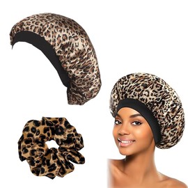 1 x Satin Bonnet Night Sleep Hat Adjustable Sleep Cap Headgear Soft Head Cover Sleep Cap Silk with Elastic Band for Women and Girls, Silk Hood for Sleeping, with Headband, black