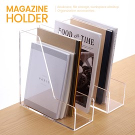 HeZone Magazine Holder, Clear Acrylic Desk Organizers, File Organizer for Desk, Magazine Rack- Desktop Book Storage -Independent Vertical 1 Space-2 Pack