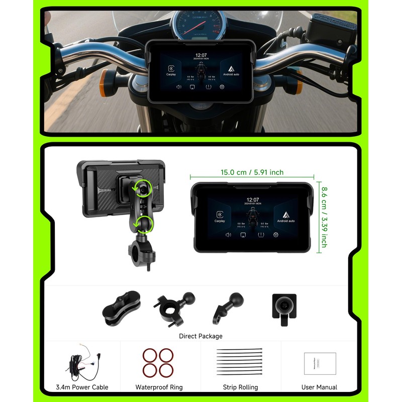 Orderich Motorcycle CarPlay Screen 5 Inch Wireless Carplay Android Auto