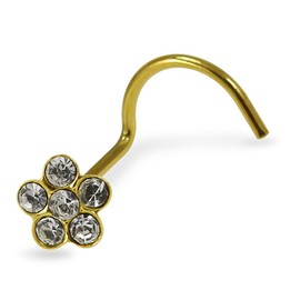 AZARIO LONDON 9K Yellow Gold Clear Multi Crystal Stone Flower 22 Gauge Nose Screw Nostril Piercing