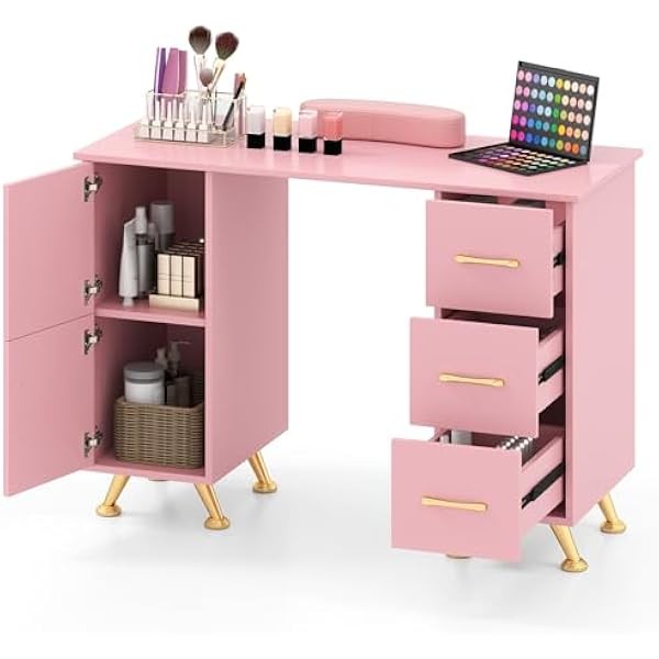 LDAILY Moccha Nail Desk, Manicure Table w/ 3 Drawers &