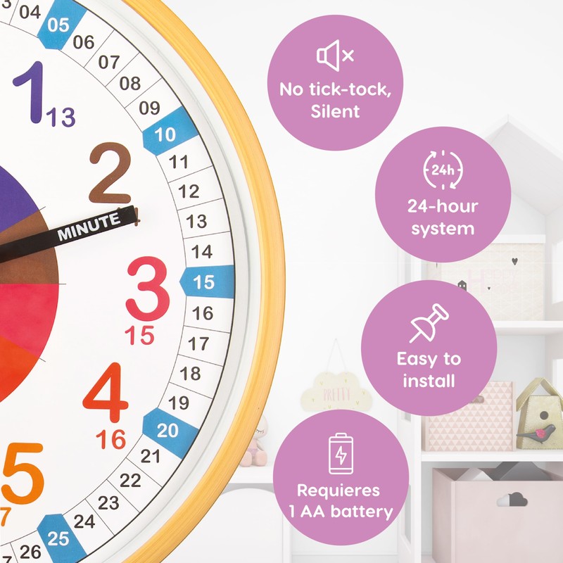 Kiddus Wall Clock for Boys and Girls. Silent Analogue Time