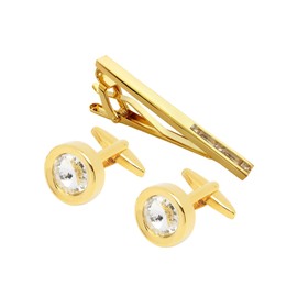 Jonwo Round Diamond Cutting Crystal Men Cufflinks and Tie Clip Set Regular Necktie Tie Pin Cuff Links for Wedding Business Shirt Tie (Gold Plated Transparent Crystal Set)