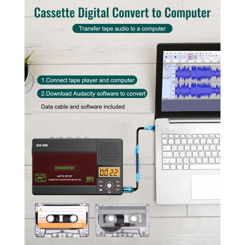 SEMIER Small Cassette Tape Player, USB C or SD Card