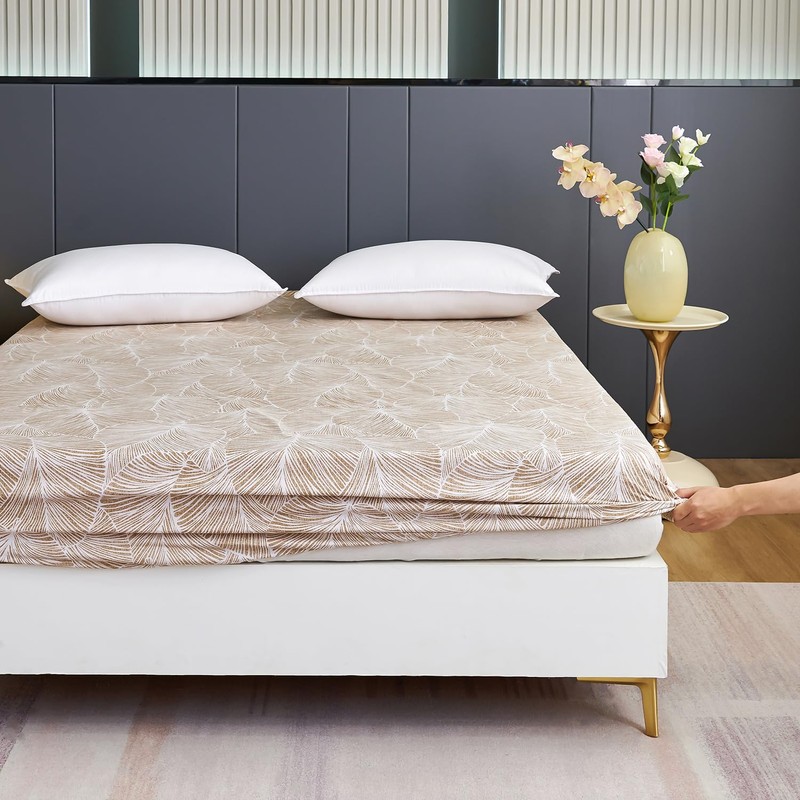 Jemiipee Double Fitted Sheet Beige Tropical Leaves Pattern, 30 cm