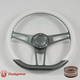 FLASHPOWER 14" Gun Metal D-Type Carbon Vinyl Steering Wheel Mustang GMC Corvair W/Horn