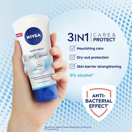 NIVEA 3 in 1 Care and Protect Anti-bacterial Hand Cream (75ml), Hand Cream for Dry and Tight Skin, Protective Mini Hand Cream, Hand Lotion with JoJoba Oil