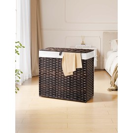 Greenstell Laundry Hamper with Lid, 125L Laundry Basket with 2 Removable Liner Bags & 2 Mesh Bags, Handwoven Synthetic Rattan Clothes Hamper for Clothes, Toys in Bathroom, Bedroom, Foldable, Brown