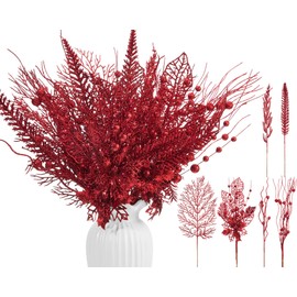 Moucuny 30 Pcs Artificial Christmas Tree Picks and Sprays Glitter Berry Stem Branches Holly Floral Picks Twigs Christmas Tree Ornaments for DIY Xmas Wreath Vase Filler Decorations(Red)