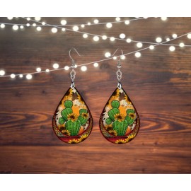 Twisted R Design Sunflower Cactus Western Print Tear Drop Earrings Wood Dangle Jewelry