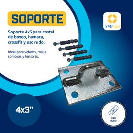 Soporte 4x3'' para Costal de Boxeo, Hamaca Crossfit y Uso Rudo Gancho | Placa de Acero Galvanizado con Argolla 3/8” | Ideal para Velarias, Malla Sombras y Tensores | 24tarpp 3X4 TAQ