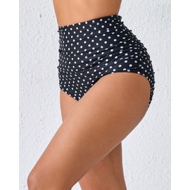 JOYBIK Women’s High Waisted Full Ruched Bikini Swimsuit Bottoms Tummy Control Full Coverage Bathing Suit Bottoms Black Polka Dot XL