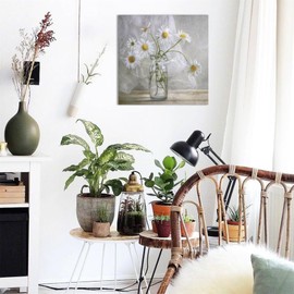 White Daisy Flower Bathroom Decor Wall Art Farmhouse Kitchen Paintings for Wall Decorations Countryside Vintage Framed Canvas Artwork Printing Ready to Hang for Living Room Bedroom 20"x20"