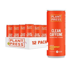 Plant Press - Clean Caffeine, Healthy Energy/ Coffee Alternative - Passionfruit Peach 12 pk | Organic caffeine (1 can = 1cup of coffee), electrolytes, full range of vitamins, 20 calories, no sugar alcohols, no gums, no preservatives.