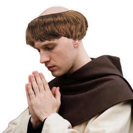 Brown Monk Wig Short Straight Hair, Wig Bald Head Cap with Brown Friar Hair Cut, Bald Head Cap Funny Hairpiece for Adults Men for Halloween Cosplay
