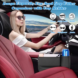 Car Seat Gap Filler Organizer with Cup Holder,Front Seat Gap Storage Box Leather,Universal Car Seat Storage Box,Car Seat Organizer Between Seats Easy To Install,For Keys,Cards,Coin（Driver+Passenger）