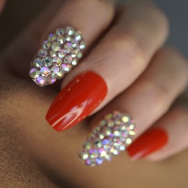 Red 3D Crystal Design Press On Nails - Long Square Coffin Fake Nails with Rhinestones and Nail Glue, Reusable Nail Tips - Glue On Nails 24 Nail Kit, Daring Diva