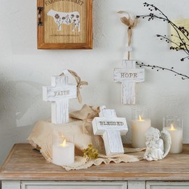 NIKKY HOME Crucifix Wall Cross Blessed Hope Faith Set of 3, Handmade Unique Rustic Wooden Catholic Spiritual Art Church Home Room Decor - Distressed White