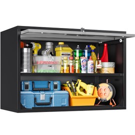 Metal Wall Cabinet with Up-Flip Door, 21.7" H Mounted Storage Cabinet with Lock and Shelf, Garage Wall Cabinets,Black Gray Floating Tool Cabinets for Garage/Basement/Kitchen/Warehouse