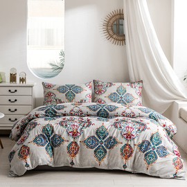 Damier Bohemian Bed Linen 200 x 200 cm, Turquoise Boho Indian Mandala Duvet Cover with Concealed Zip and 2 Pillowcases 80 x 80 cm, Soft Microfibre Duvet Cover Set, 3 Pieces