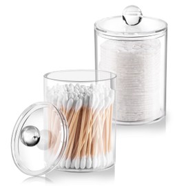 2 Pack Qtip Holder, Apothecary Jars Cotton Ball Holder Dispenser, Bathroom Jars with Lids Set for Cotton Round, Cotton Swab, 10oz-12oz Plastic Canisters Restroom Bedroom Vanity Organizer(Clear)