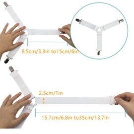 Sheet Tensioner with Metal Clips, Adjustable Elastic Bed Sheet Tensioners, 3-Way Adjustable Triangle Sheet Straps, Elastic Bed Sheet Clips for Bed Linen, Mattress Covers, Sofa Cushions (White)
