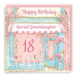 Hunts England - 18th Granddaughter La Petite Patisserie Birthday Card - Charming Pink Bakery, Pretty French Cafe Female Floral Design - Age 18 Happy Birthday Granddaughter Card - Milo's Gallery