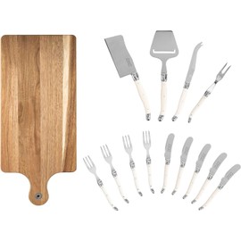French Home 14 Piece Laguiole Cheese Serving Set with Wood Serving Board (Faux Ivory Handles) — Serving Utensil Set — Charcuterie Tools