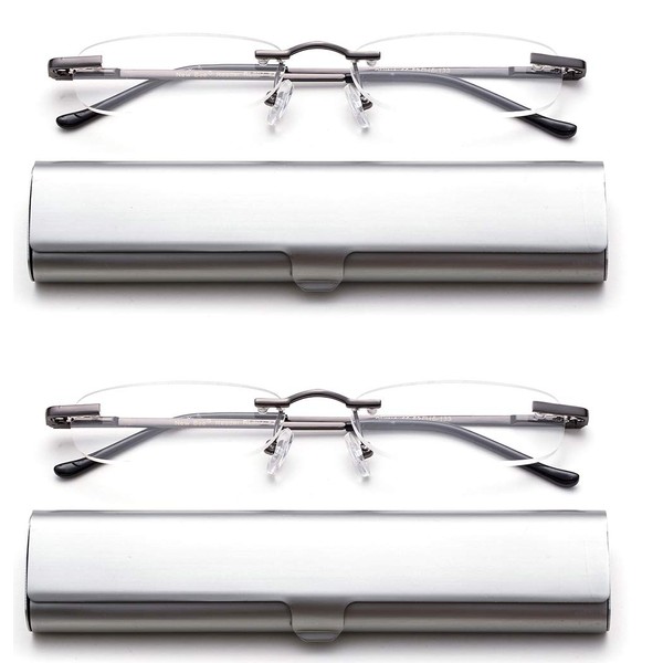 Newbee Fashion-Portable Compact Reading Glasses in Aluminum Case Metal Rectangle Rimless Reading Glasses Super Lightweight Reader Slim Design Comfort Fit for Men&Women 2 Pack Gunmetal+1.50