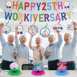 11pcs 25 Year Work Anniversary Decorations Colorful Happy 25th Work Anniversary Banner Hanging Swirls Employee Appreciation Decorations Supplies 25 Year Workiversary Gifts for Employee Worker