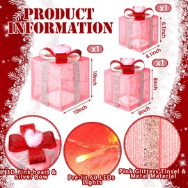 Colingmill 3 Pieces Pink Lighted Gift Boxes Christmas Decorations Pre-lit 60 LED Light Up Present Boxes Ornament 6, 8, 10'' Square Boxes with Pink Heart for Christmas Valentine's Day Home Yard Decor