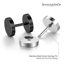 ( M06. 8mm x 2 Pairs (Black + Steel)) - JewelrieShop Black Earrings Men Dot Studs Fake Gauges Plugs Earring Stainless Steel Circle Disc Flat Back Cheater Tunnel Dumbbell Earrings Women (18g,2 Pairs,3mm-14mm,Black and Silver)