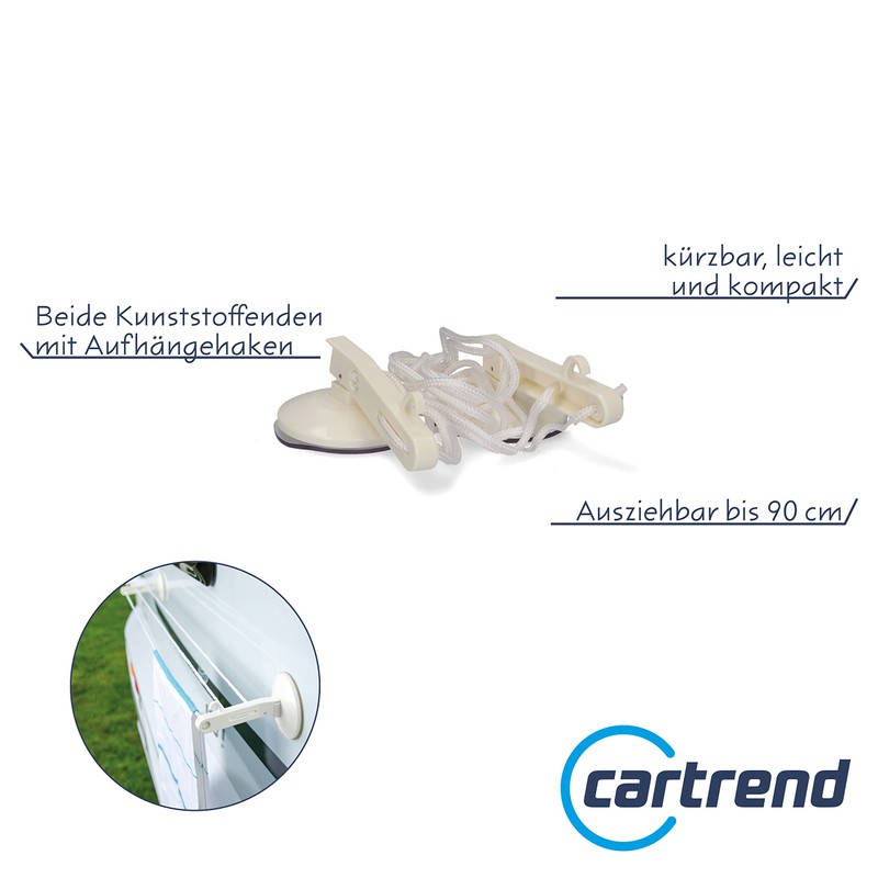 cartrend Caravan Washing Line with 2 Suction Cups Extendable for