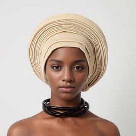 Pre Tied African Headtie Hat Turban Cap for Women Nigerian Aso Oke Headtie Auto Gele Head Wrap for Wedding Party-200G (Beige Gold)