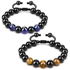 JUVJEW Tiger Eye Beaded Bracelet Crystals and Healing Stones Black Onyx Bracelet for Men Anxiety Protection Bead (2Pcs tiger eye bracelet 10mm