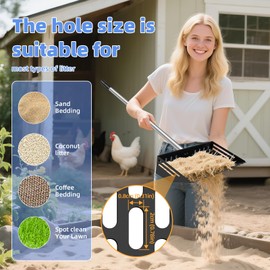 Chicken Poop Scooper & Rake 2-in-1, 4 in 1 Stainless Steel Handle 12 in Chicken Coop Pooper Shovel (23 to 62"), for Animal Sheds, Trash Scoop with Ergonomic Handle, Scooper Sand Sifting Shovel