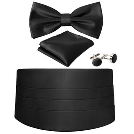 Cummerbund and Bow Tie Set Solid Color Adjustable Formal Men's Black Cumberbund Bowtie Cufflinks Set & Pocket Squares, Black, 4-piece set