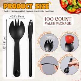Tioncy 100 Pcs Disposable Plastic Sporks Individually Wrapped Disposable Sporks 4.5'' x 1.26'' 2 in 1 Fork and Spoon Set Serving Utensils for Dessert Restaurant Party Supply(Black)