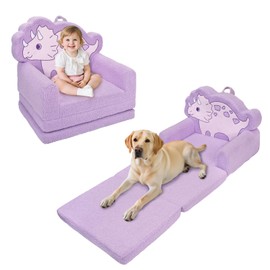 TinyPalsa Kids Couch, Convertible Sofa to Lounger Fold Out, Purple Dinosaur Design Chair for Toddlers 1-3, Gift for Movie Night, Camping, and Napping