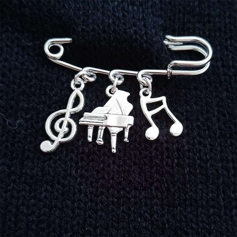 Piano and Music Note Charm Pendant Brooch, Punk Vintage Style