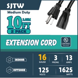 Uofaumei 6 FT Extension Cord Outdoor Indoor Waterproof,16/3 SJTW Black Heavy Duty Extension Cords, 16 Gauge 3 Prong 13 Amp 1625W Power Cable for Outdoor Lights & Lawn, NEMA 5-15P/R, UL Listed, 2 Pack
