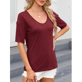 EasyGala Women's V Neck Tops Elbow Length Shirts Loose Fit Summer Tops Basic Tees 2024 (Half Sleeve) A Red Medium