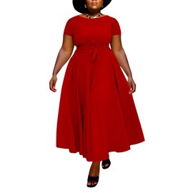 Women Plus Size Casual A Line Maxi Dress Self Tie Waist with Pockets Elegant Round Neck Short Sleeve Long Swing Dress Red