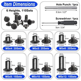 110 Sets Chicago Binding Screws Assorted Kit, 6 Sizes Round Cross Head, with Install Tools Assortment Kit, Stud Screw Posts Nail Rivet Chicago Button, for Decorating and Repairing, Leather Craft