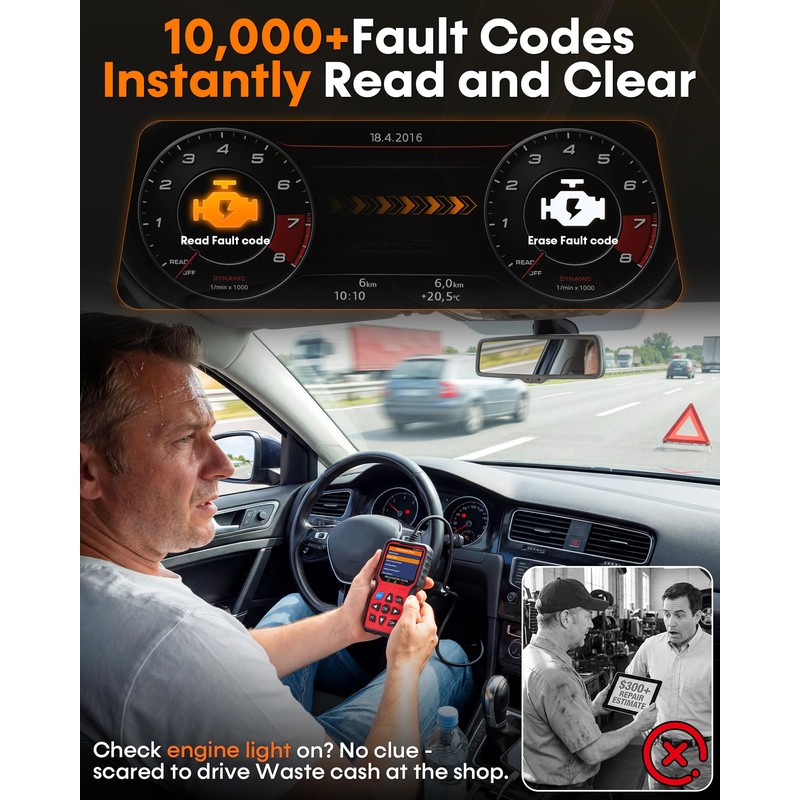 Easy to Use 2-in-1 OBD2 Scanner with Battery Tester: 1S