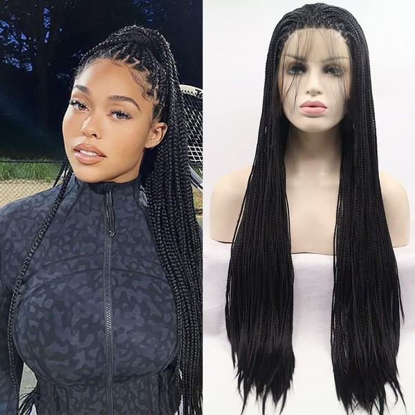 Angle Lucky Black Micro Braided Wigs Synthetic Lace Frontal Braided