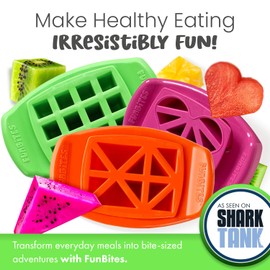 FUNBITES Sandwich Cutter for Kids Lunch, Mini Cookie Cutter, Bento Box Accessories, Cut Food into Bite-Size Shapes for Toddlers, Great for picky eaters - Green Squares/Pink Hearts/Orange Triangles 3pk